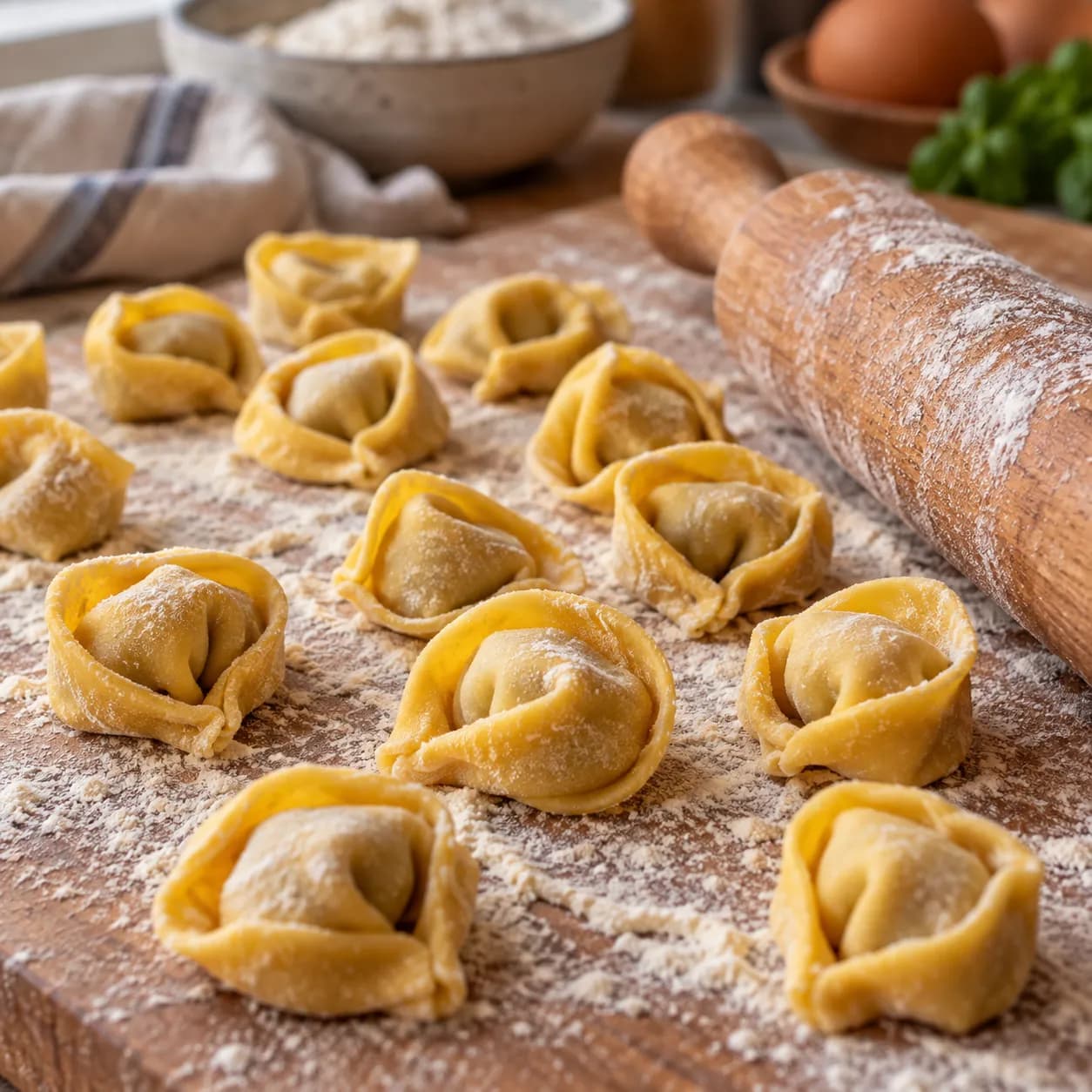 A pasta board dusted with flour holding fresh hand-rolled tortellini beside a wooden rolling pin