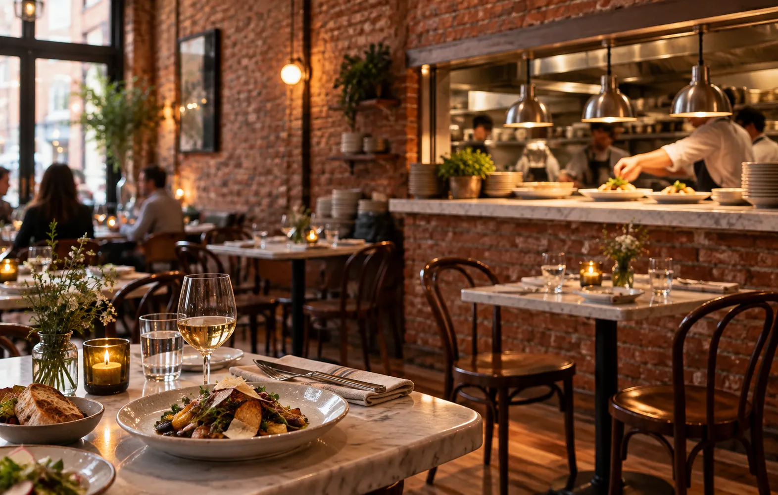 A warm Flatiron dining room with exposed brick, small tables and an open pass where plates are finished