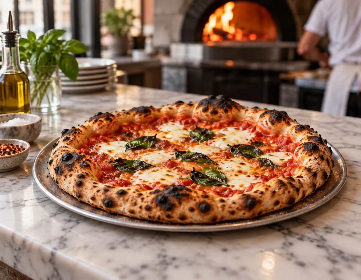 A wood-fired Neapolitan pizza with charred edges and basil on a metal tray on a marble counter