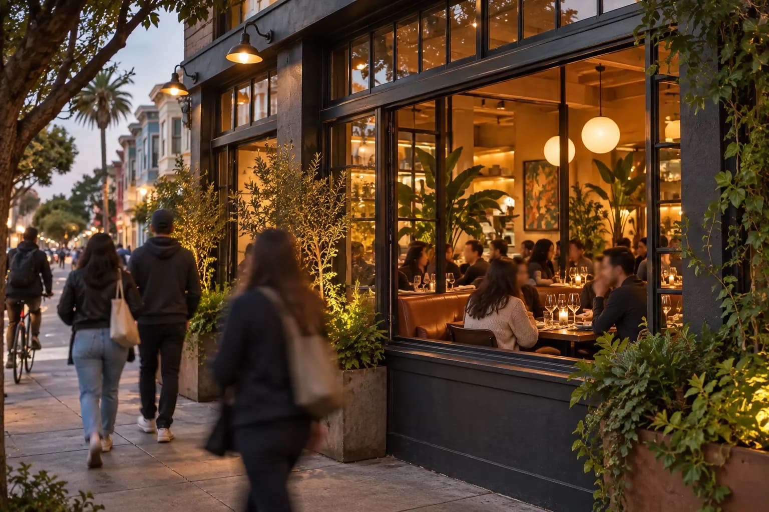 A busy Mission District restaurant front on 18th Street with warm interior light and pedestrians outside