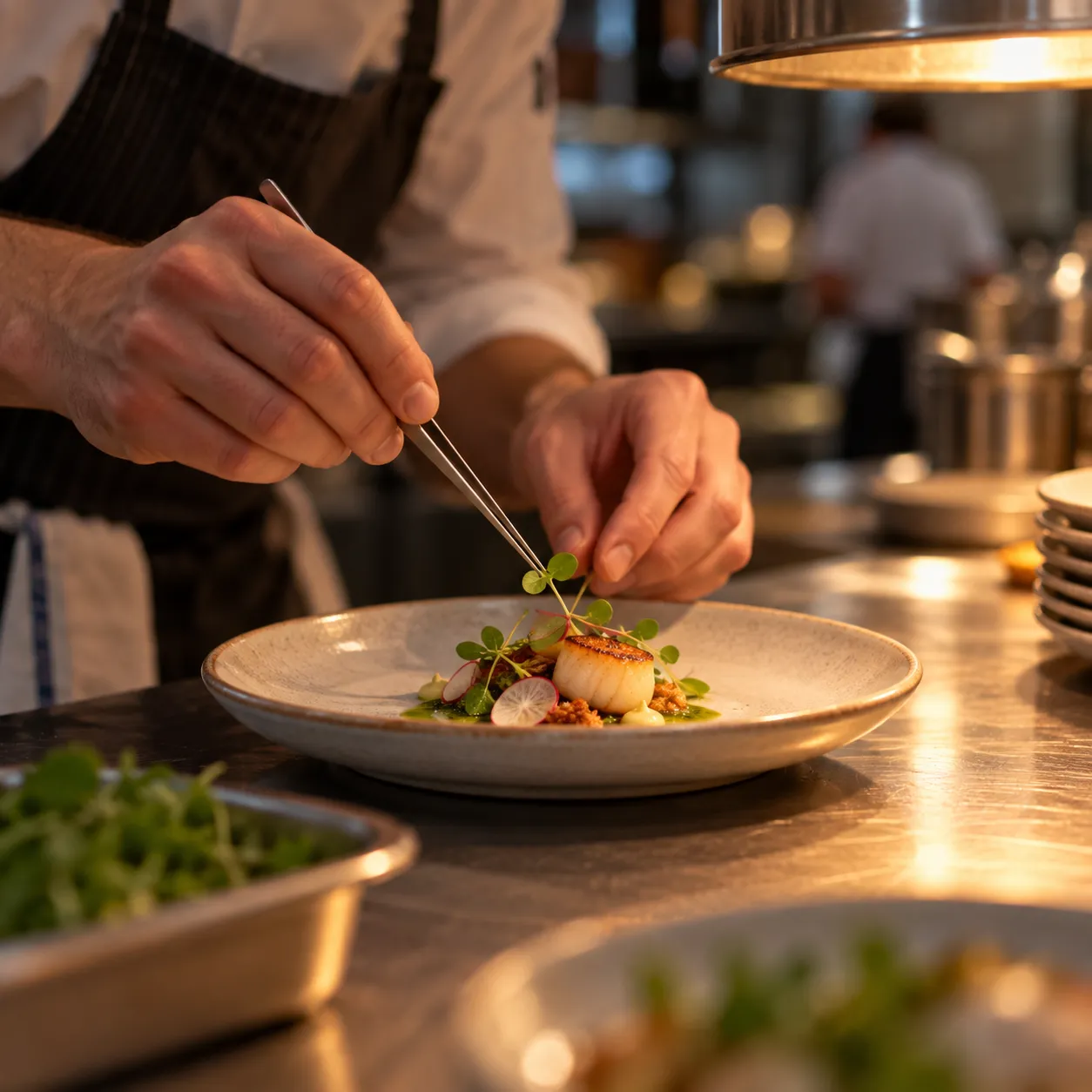 A chef's hands plating a small course with tweezers under warm light at a kitchen pass