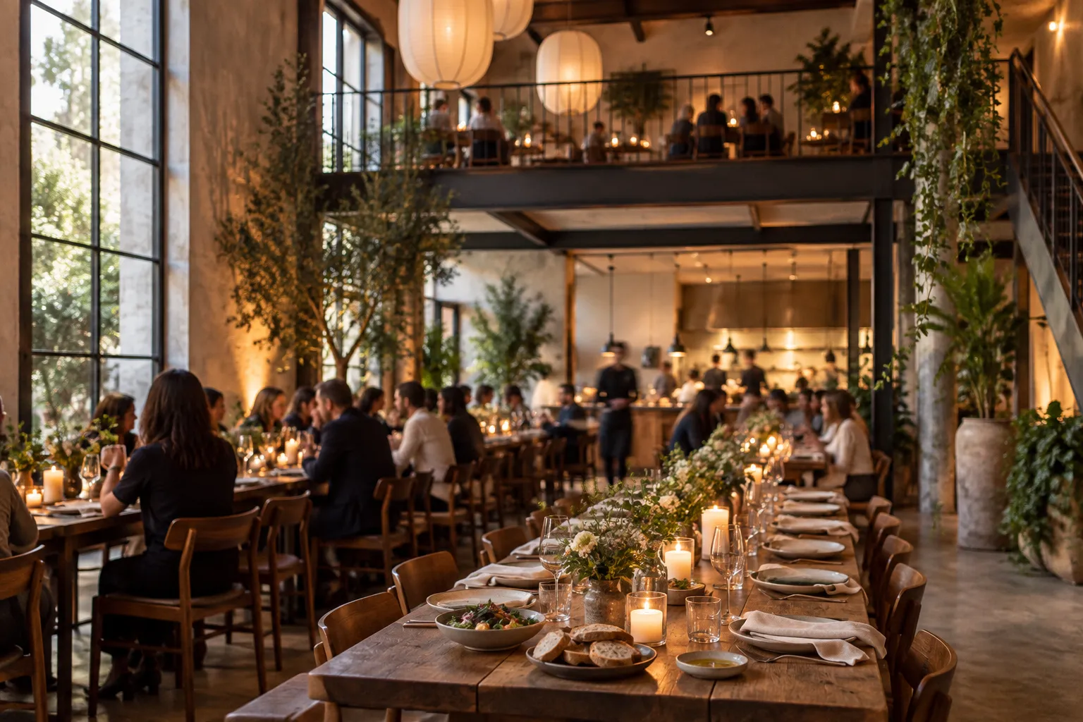 A double-height restaurant space with a mezzanine above and long tables set below for a shared dinner service