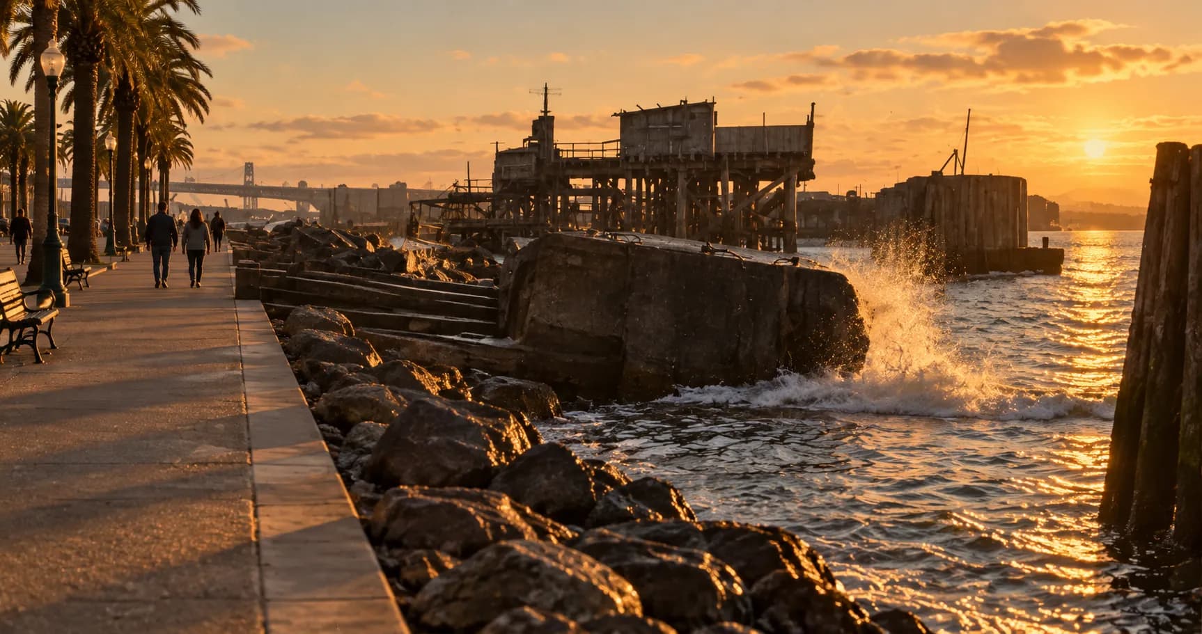 Palm-lined waterfront promenade at golden hour with pier sheds along the bay and low sun off the water