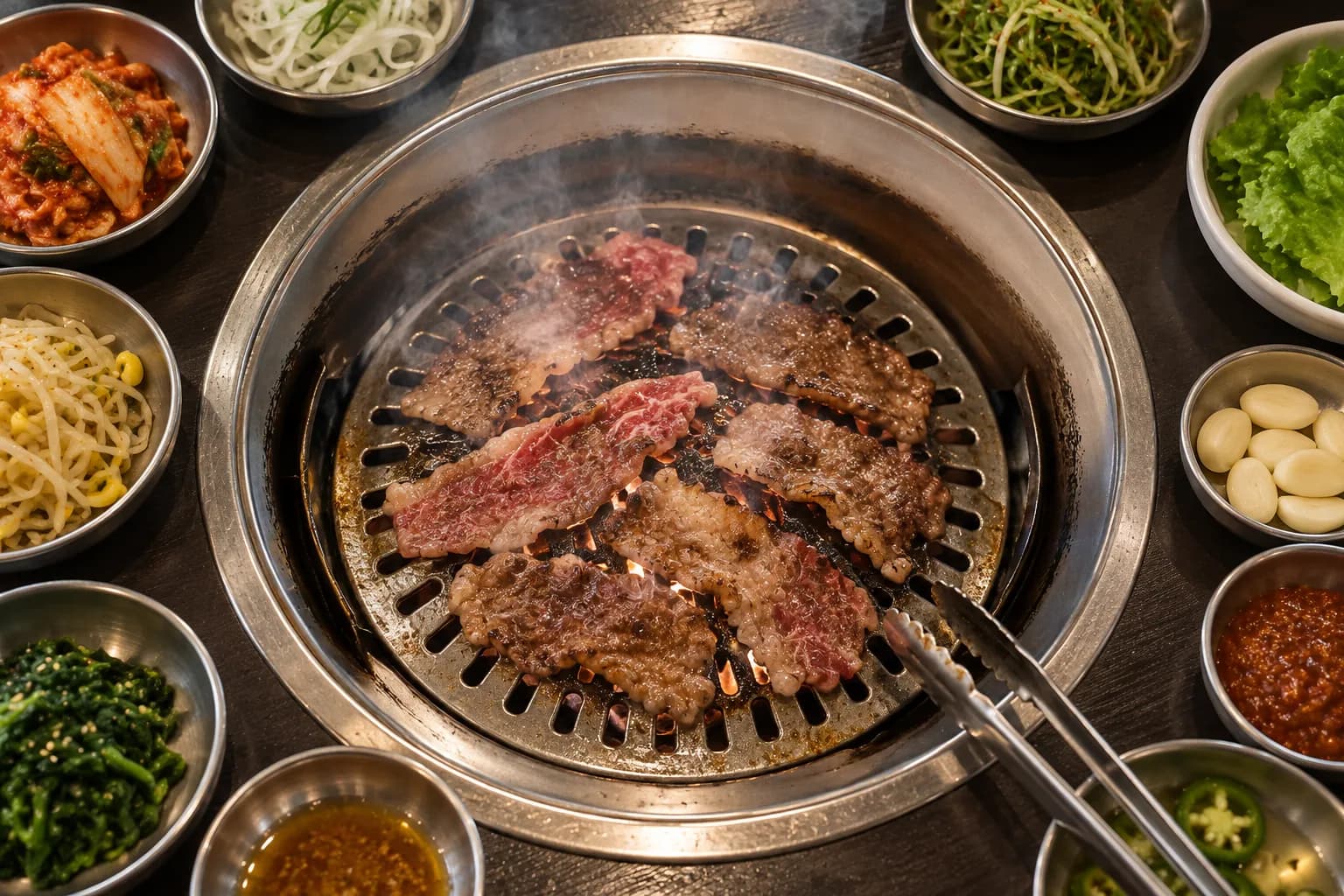 Round recessed tabletop grill with thin cuts of beef and a ring of small side dishes surrounding it