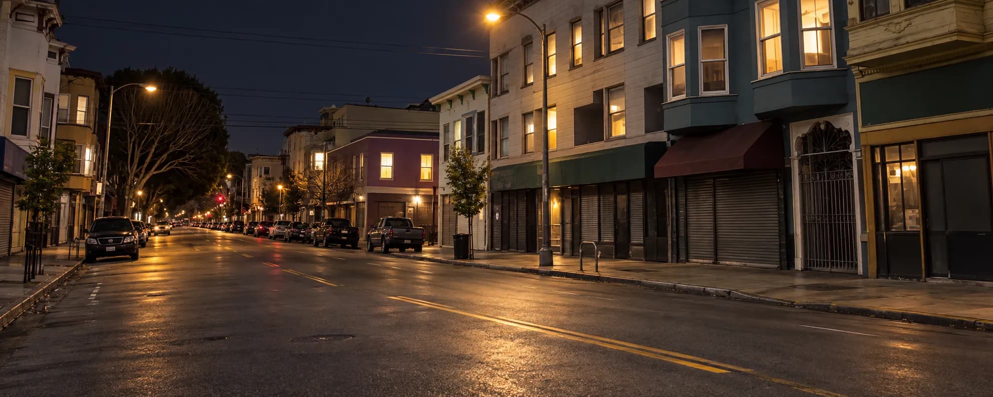 Wide Mission street at night with low industrial frontages and a corner building lit from within