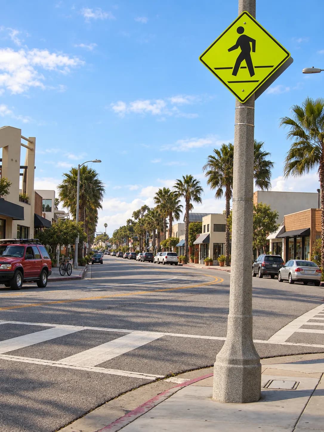Low-rise beach neighbourhood street with timber and stucco shopfronts, bicycles at the kerb and mature street trees