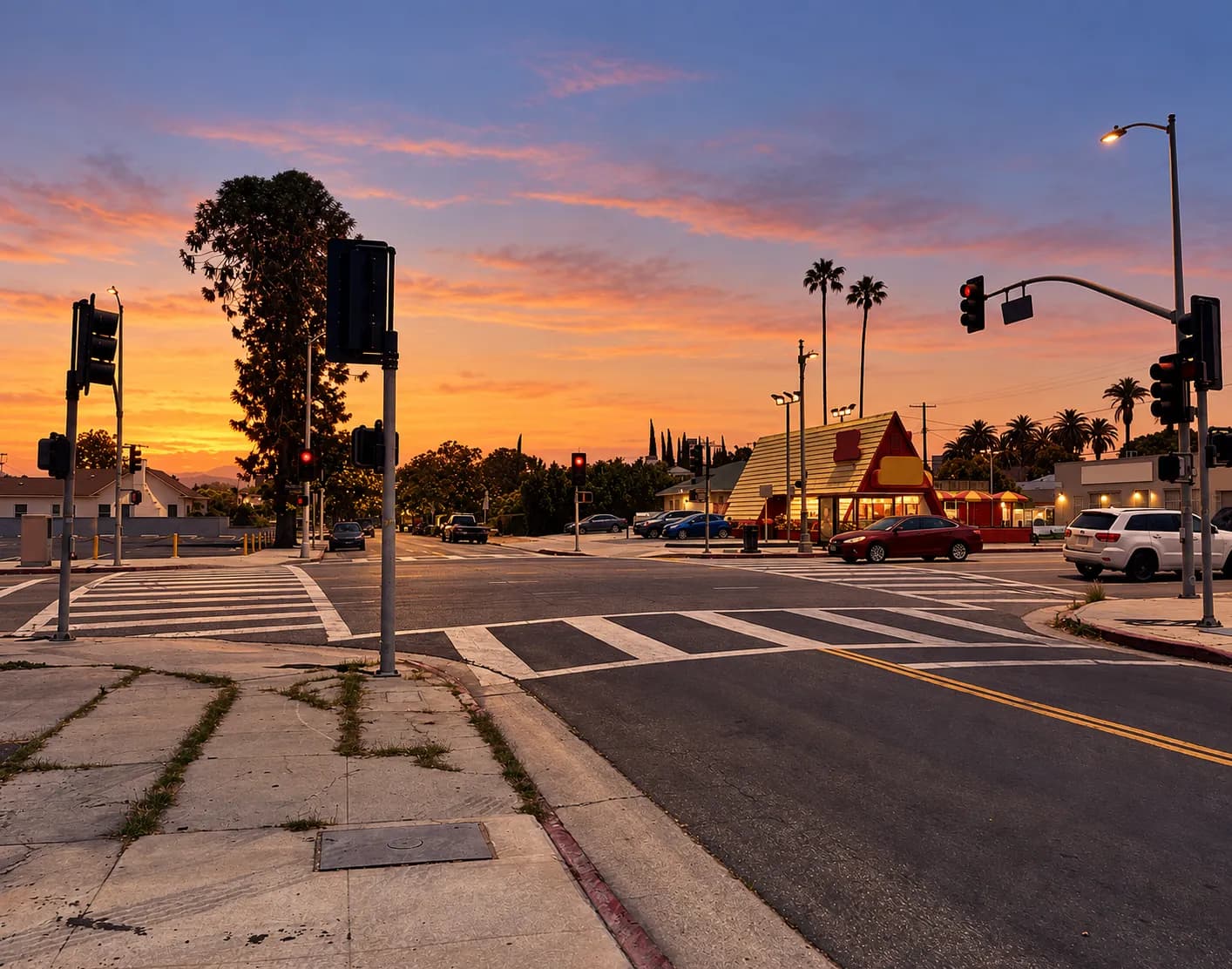 Wide Los Angeles boulevard at dusk with low mid-century commercial buildings and palms above the rooflines