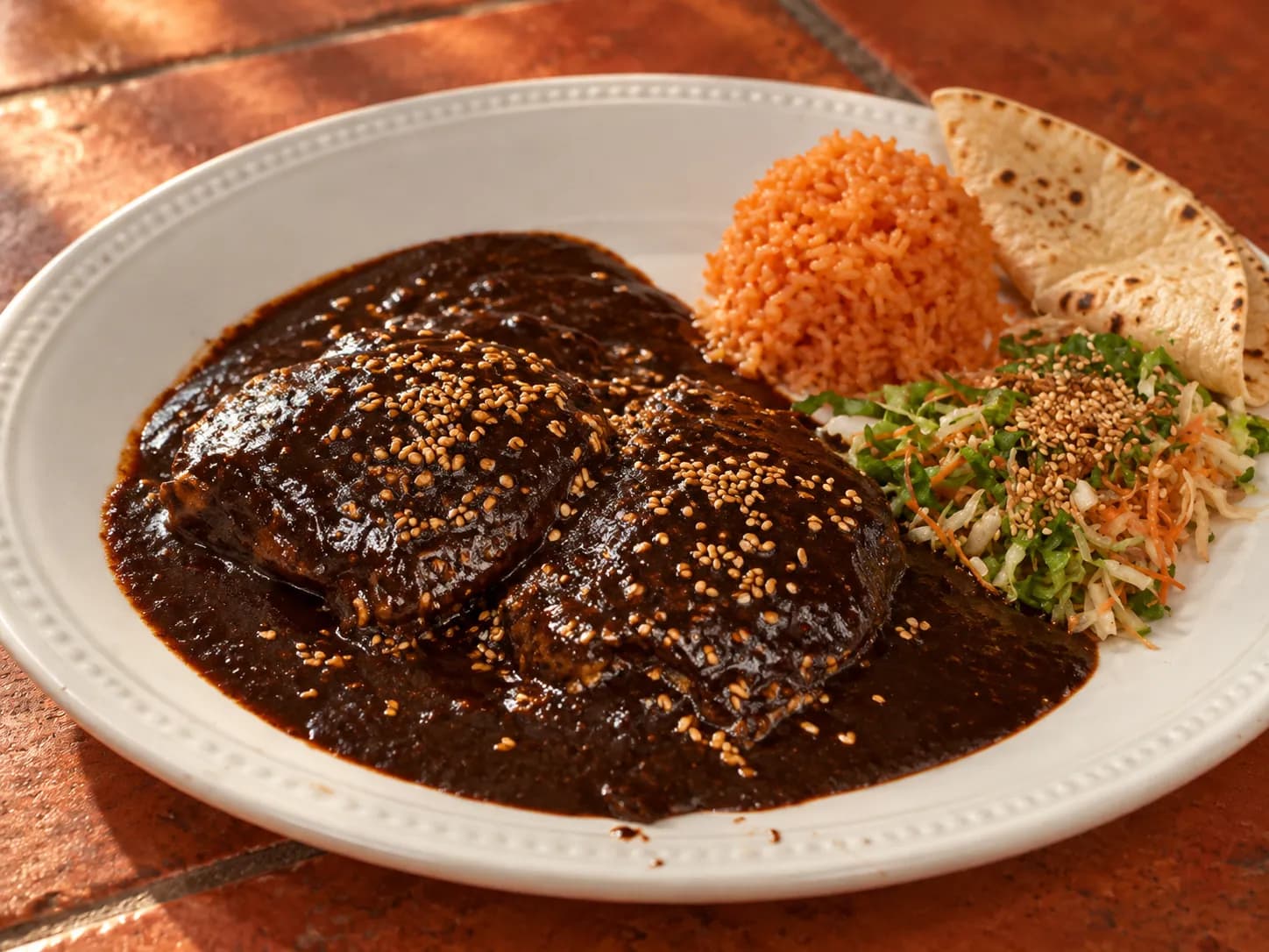Plate of glossy dark mole over chicken scattered with sesame beside a mound of rice and a folded tortilla