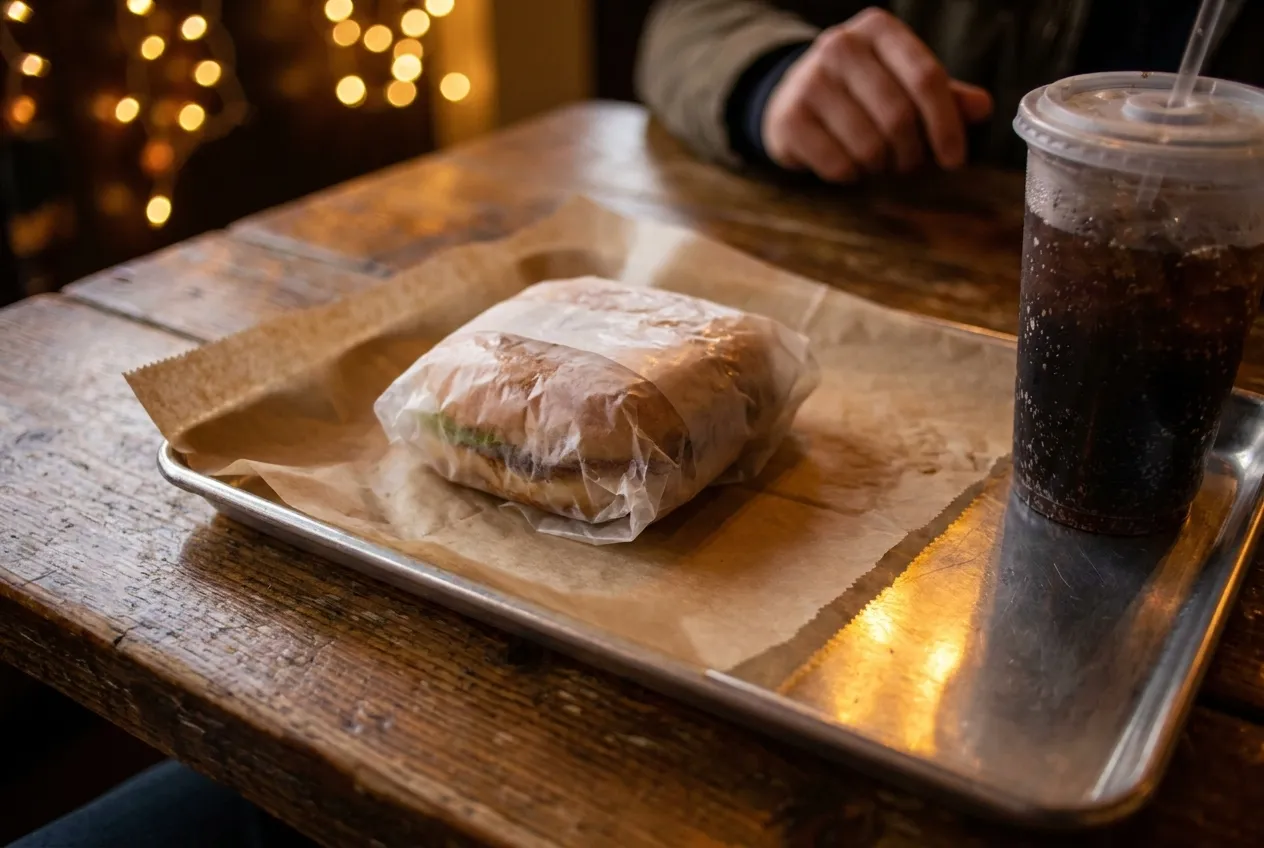 A tray with a paper liner, a wrapped item and a soda cup on a table