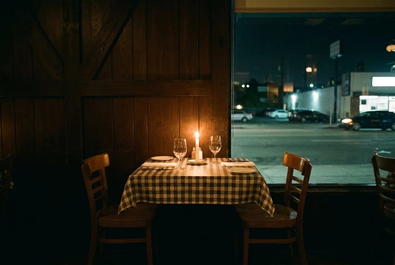 A small candlelit two-person table against a dark wood wall in a quiet restaurant