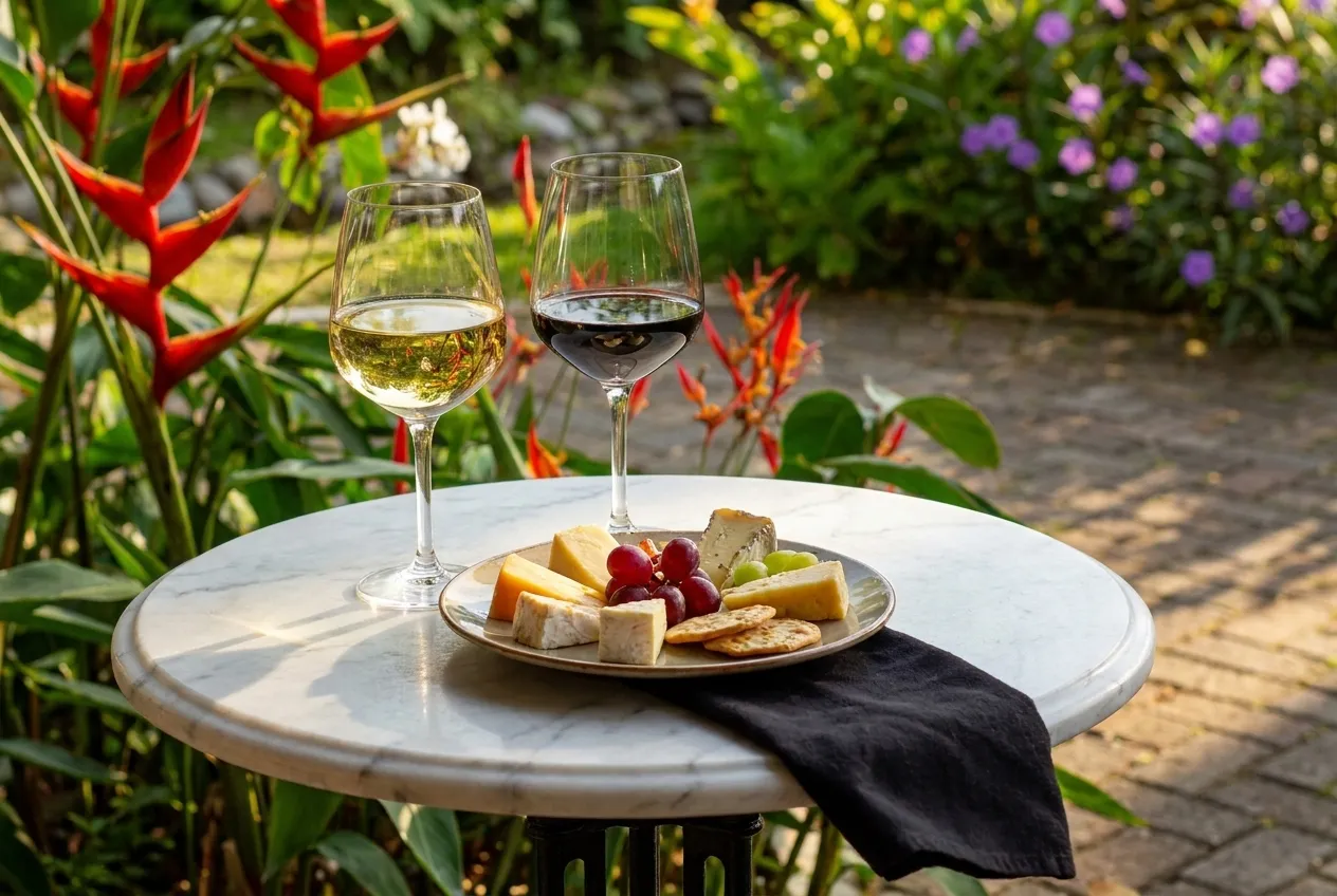 Two wine glasses and a shared plate on a small marble table