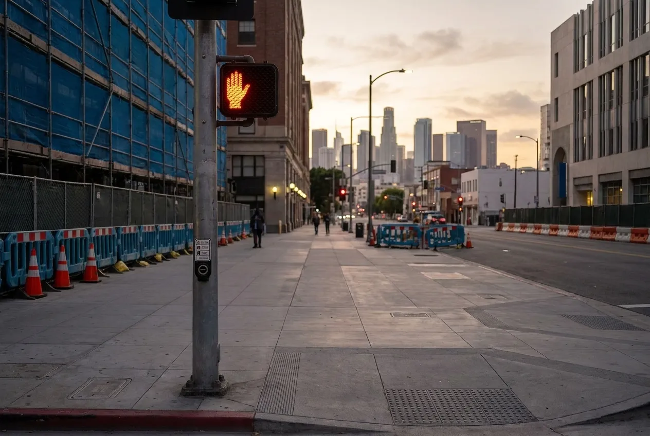 A pedestrian crossing signal and a wide empty sidewalk at dusk