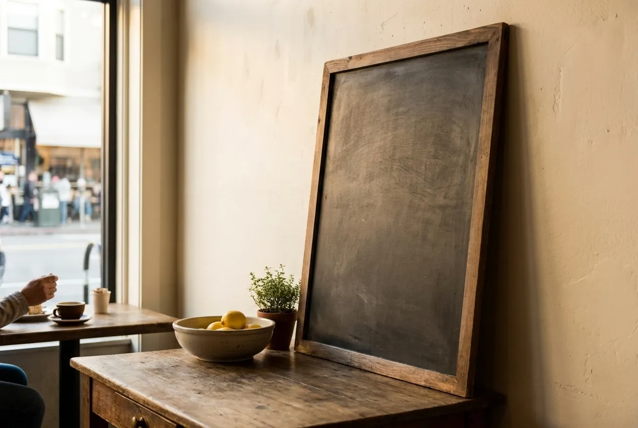 A handwritten-style blank specials board propped against a wall inside a restaurant