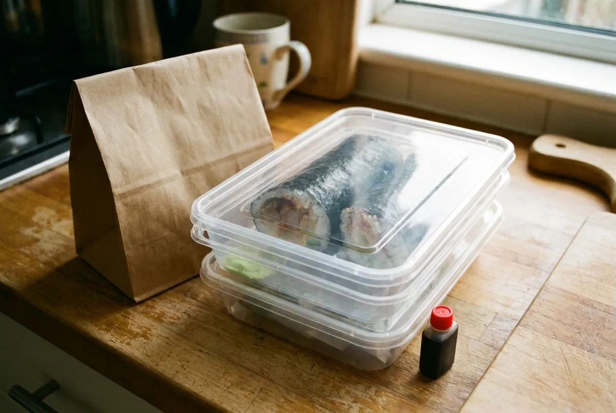 Stacked takeaway containers and a paper bag on a kitchen worktop