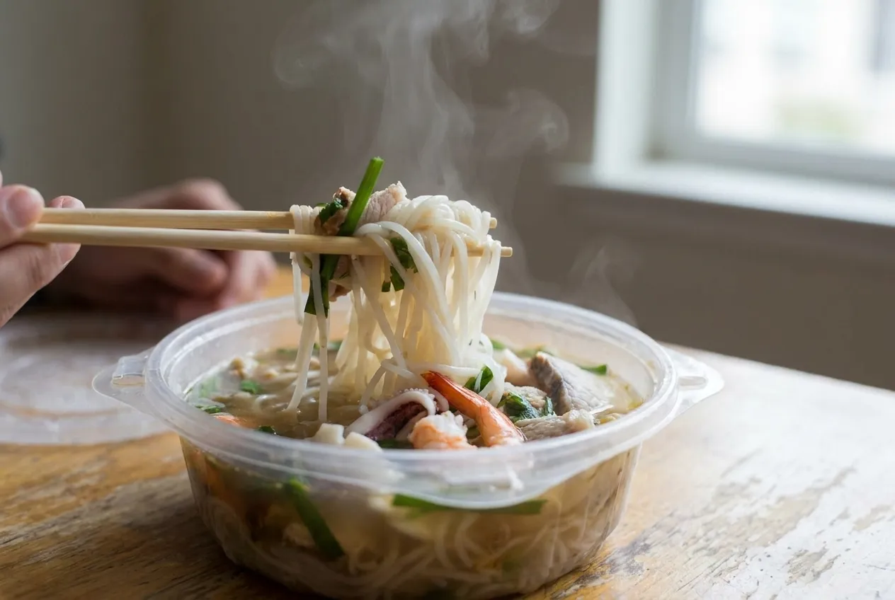 A steaming bowl of noodles being lifted from a plastic container