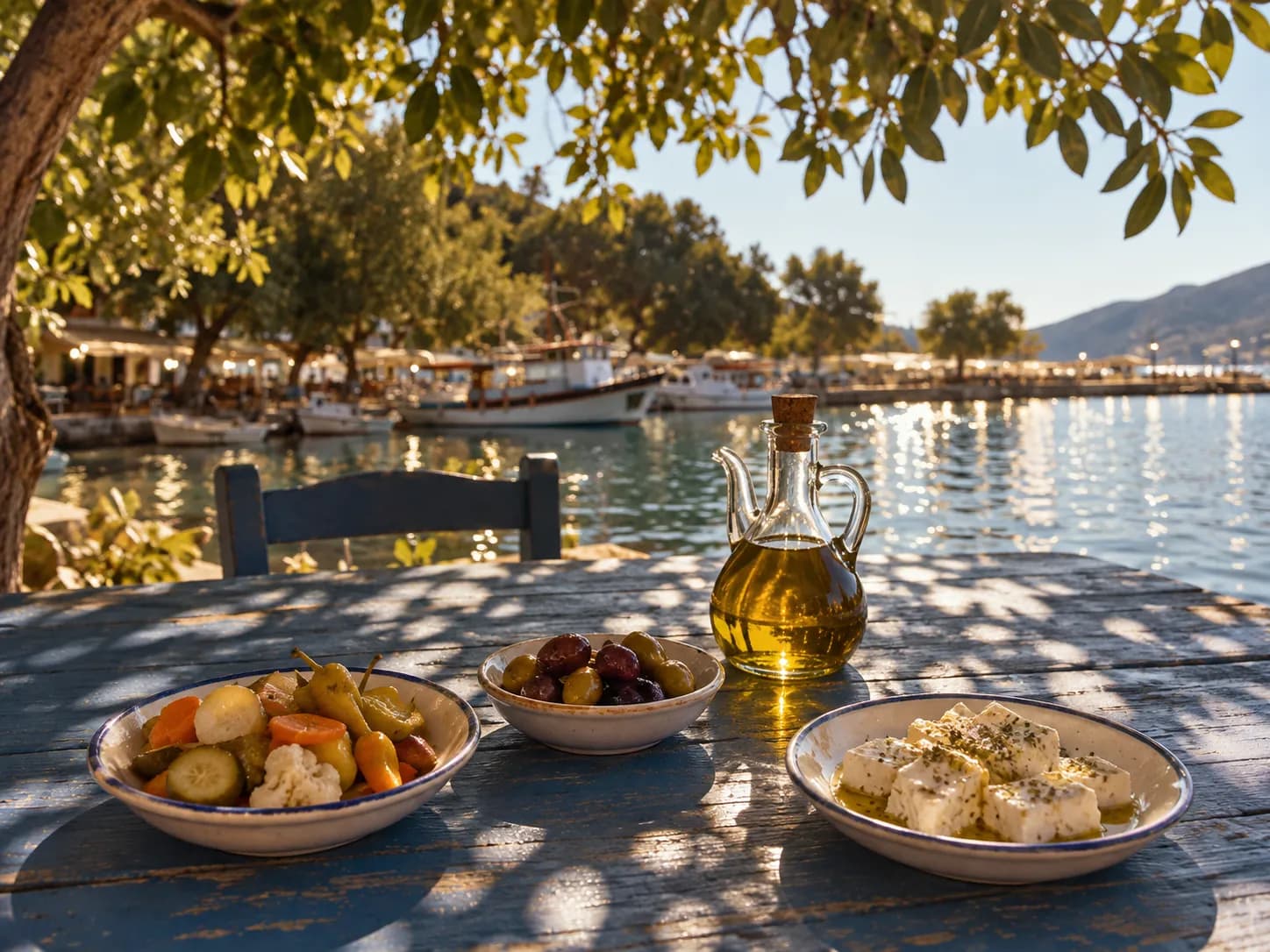 Outdoor table under foliage with small dishes of pickled vegetables, olives and white cheese in dappled light