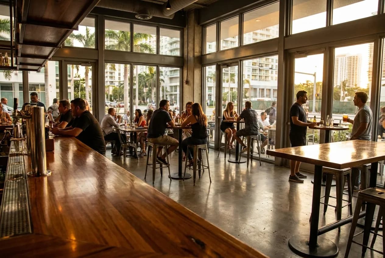 Contemporary restaurant dining room with layered seating, polished surfaces, and a layout built for group flow, showing both seated tables and standing cocktail space.