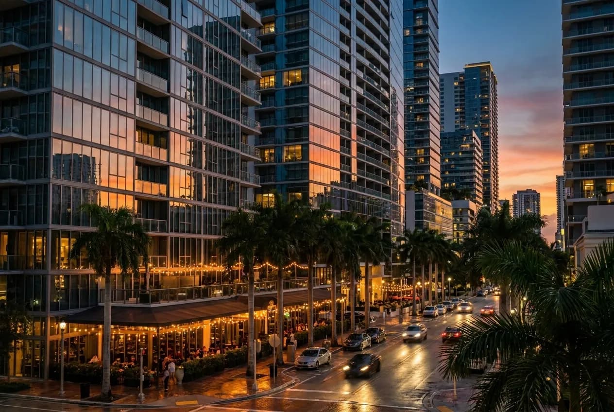 Glass towers and palm-lined street in Brickell at dusk, with warm light reflecting off polished building facades and restaurant terraces visible at ground level.