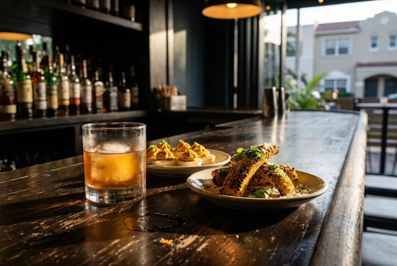 Small plates on dark wood bar top including truffled deviled eggs, street corn ribs, and cocktail glass with citrus garnish under pendant light.