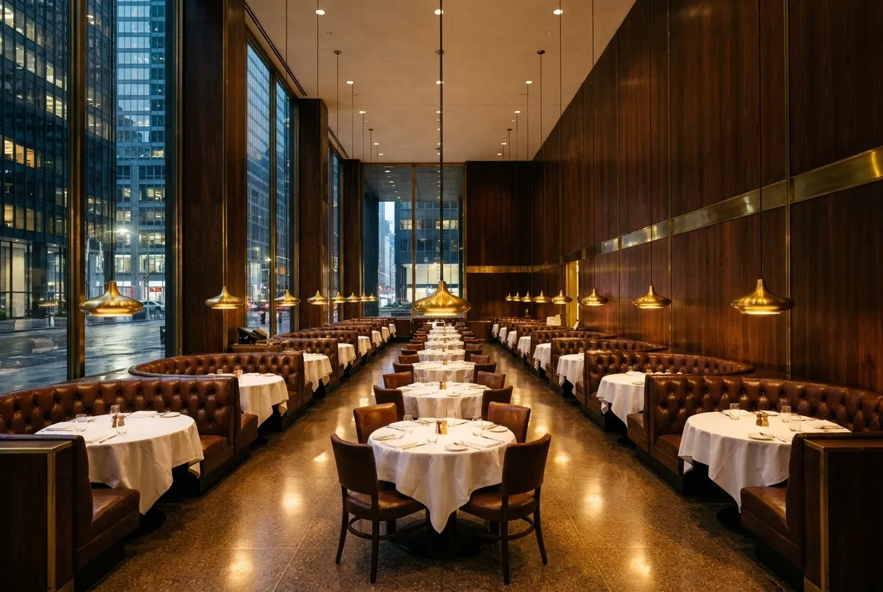 Mid-century modern dining room interior with dark wood paneling, brass trim, deep leather banquettes, and tall windows in the Seagram Building, lit by low golden overhead fixtures.