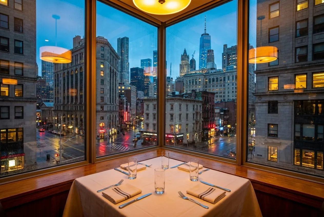 White tablecloth set with polished silverware and water glasses in front of floor-to-ceiling windows showing the Manhattan skyline at dusk, warm interior lighting glowing against the glass.