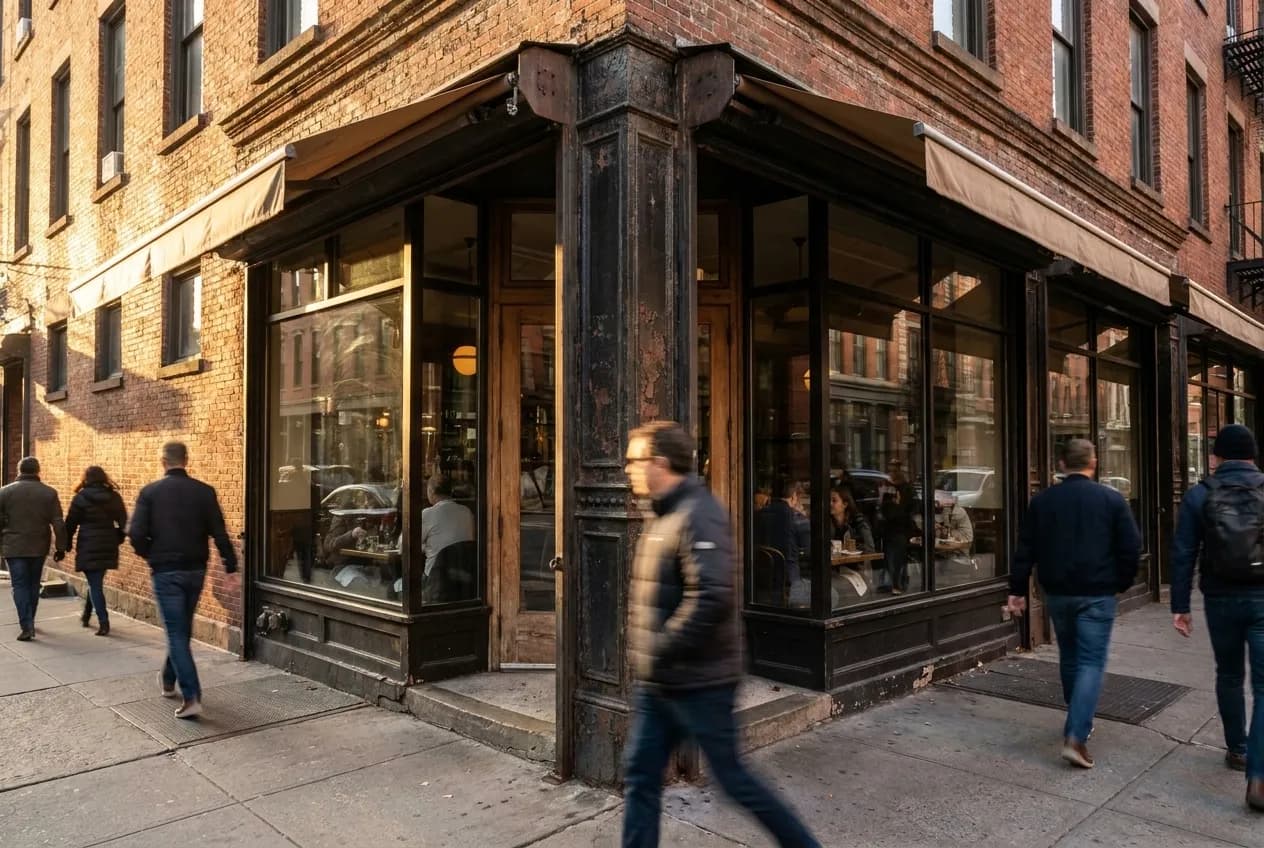 Corner restaurant storefront in Tribeca at street level, brick facade with large windows, early evening light catching glass, pedestrians passing on the sidewalk.