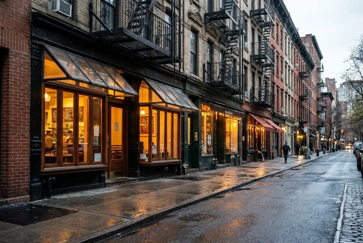Narrow West Village street at dusk with lit restaurant windows along a cast-iron block, sidewalk empty between dinner services, warm light spilling onto pavement.