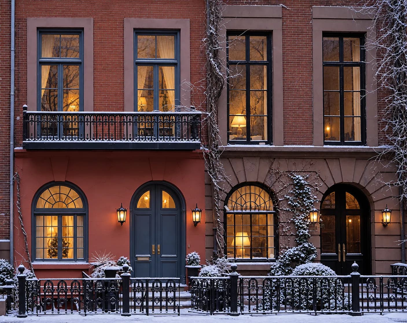 Brick and painted brownstone terraces with stoops and iron railings, warm light in the ground-floor windows