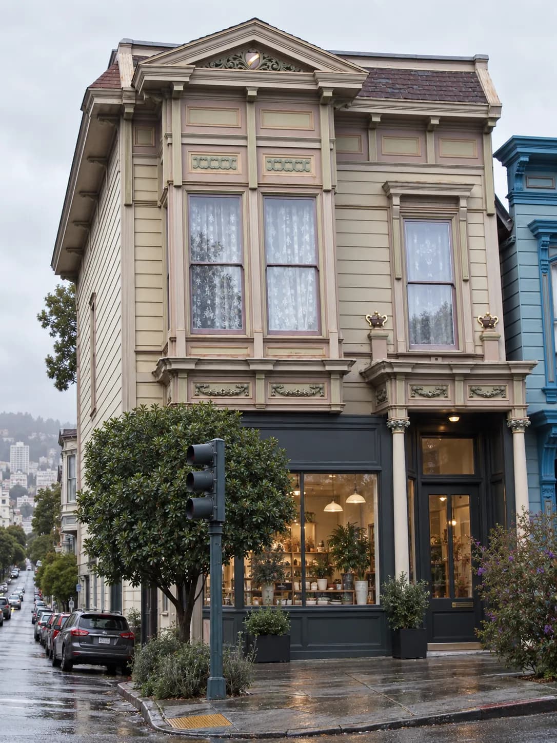 Bay-windowed Victorian buildings above ground-floor shopfronts on a San Francisco corridor under overcast light