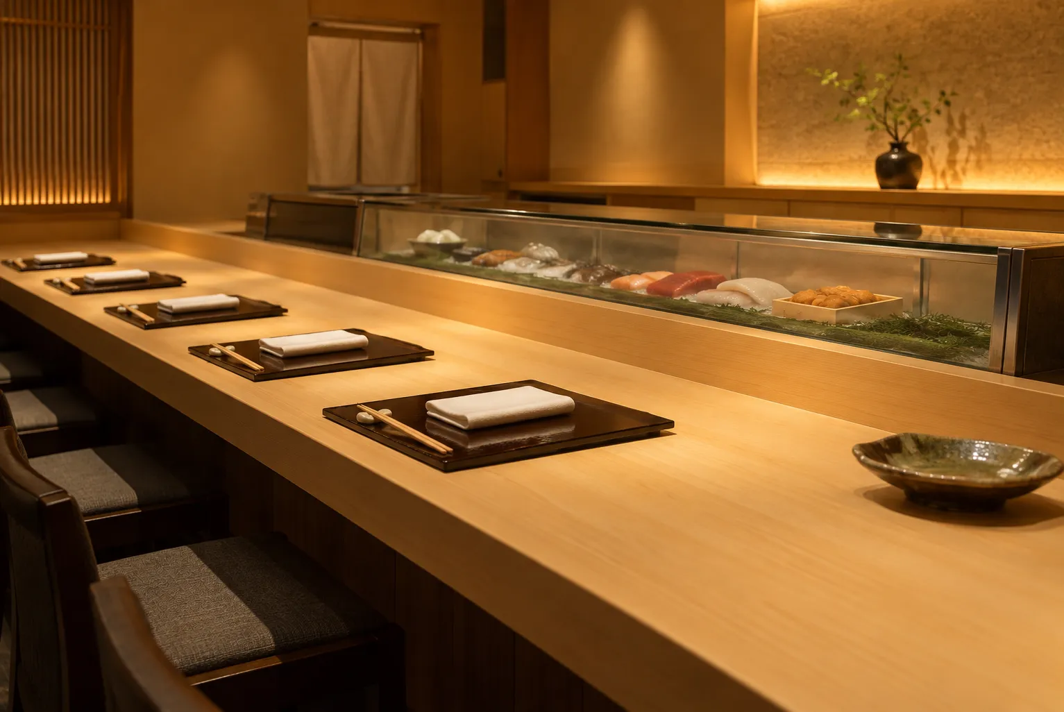 Empty omakase counter in pale hinoki wood with a chilled glass case behind and a single ceramic dish at one end