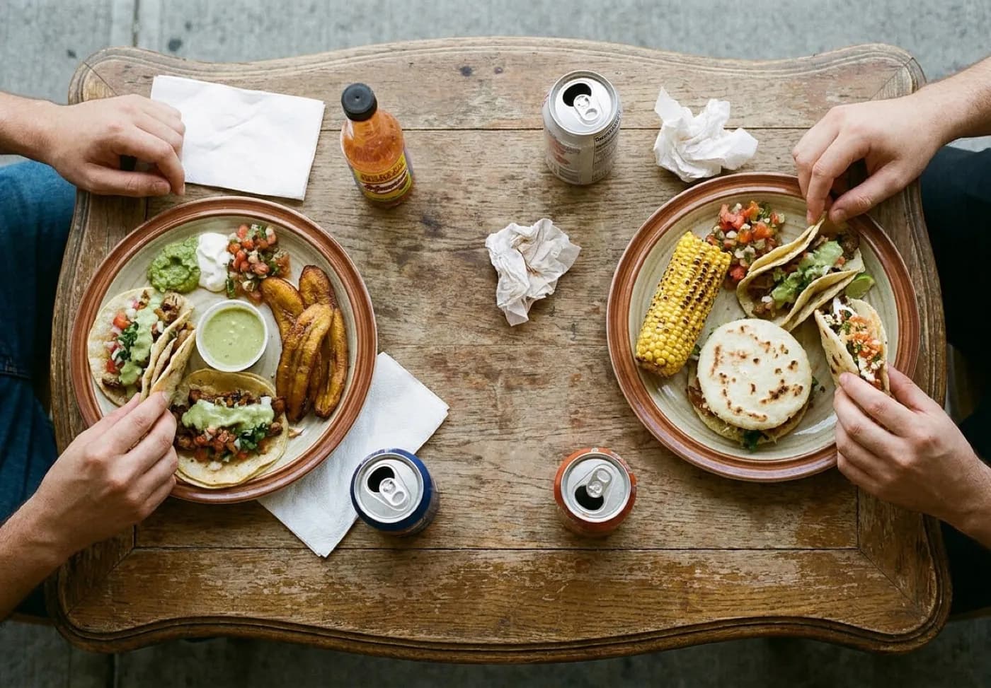 Two plates of Latin American street food shared across a small table with a bottle of hot sauce, paper napkins and two cans of soda