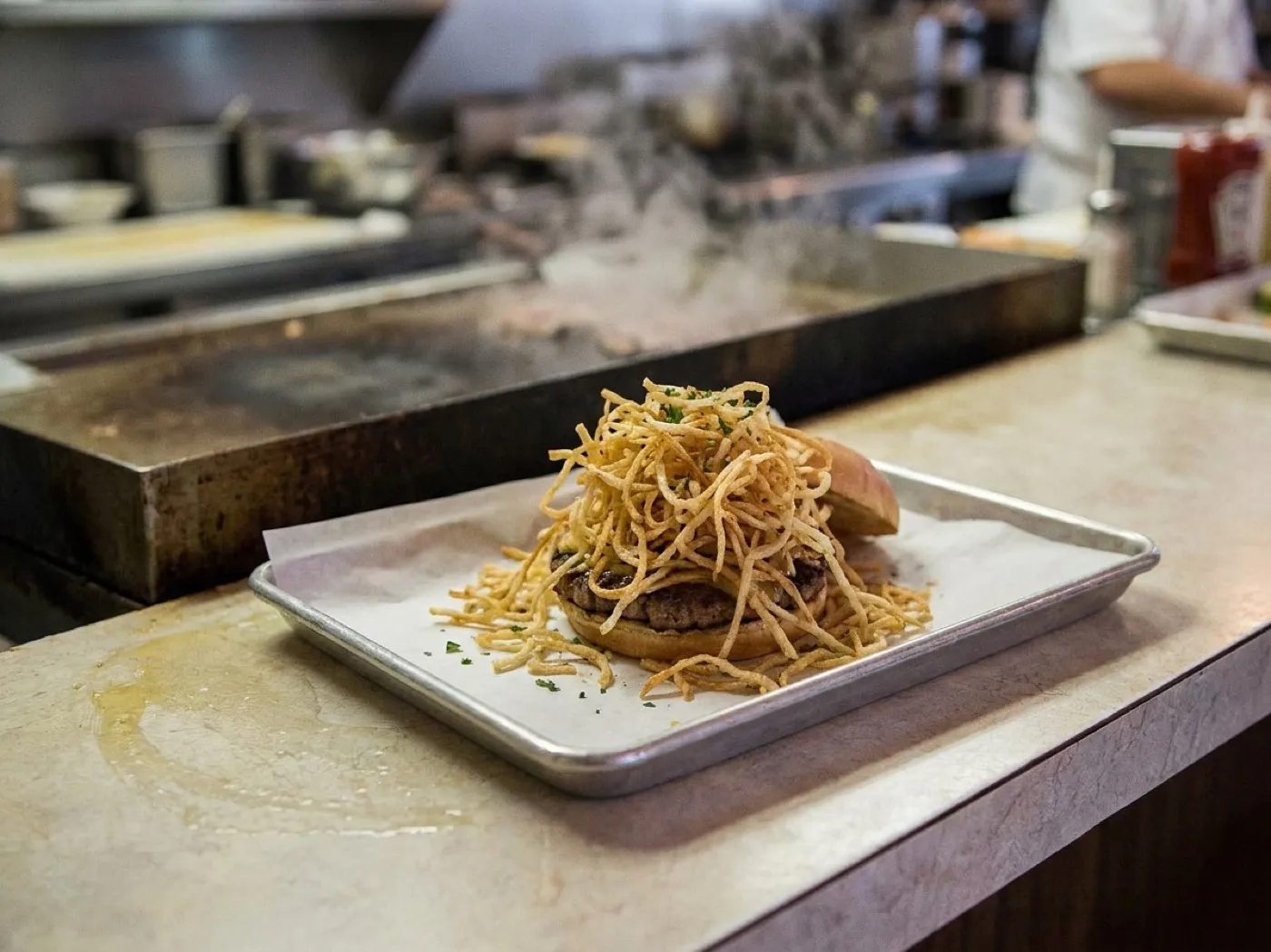 A Cuban-style burger with shoestring potatoes on top served on a paper-lined tray at a counter with a griddle behind