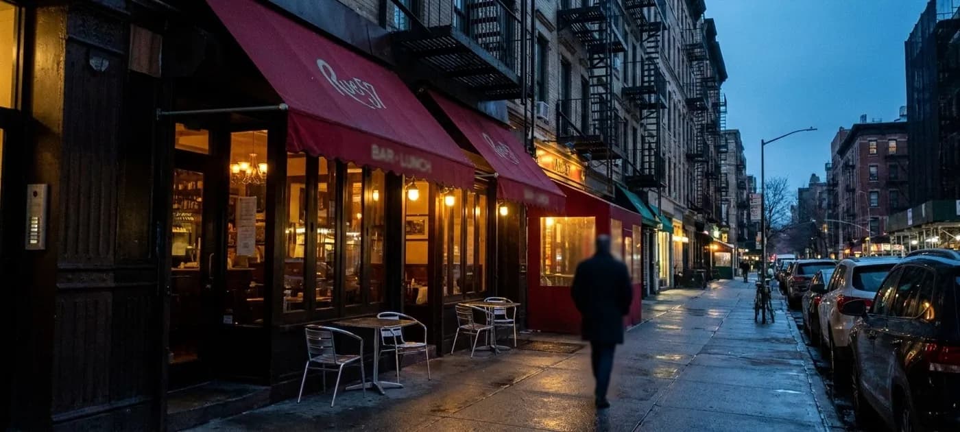 A block of Manhattan restaurant fronts at dusk with awnings, lit windows and a row of parked cars, seen straight down the sidewalk