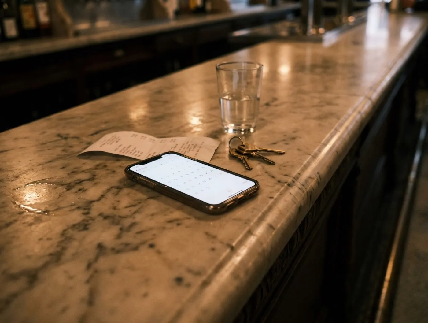 A phone lying face up on a marble bar top showing a blank calendar grid, next to a set of keys and a folded paper receipt