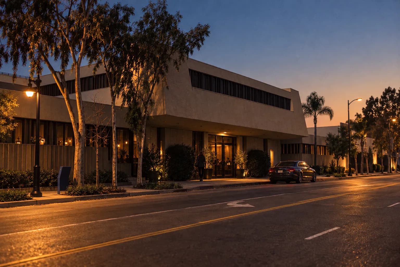 An understated single-storey restaurant frontage on a dark Los Angeles street, one low light over the door and a parked car reflecting the glow