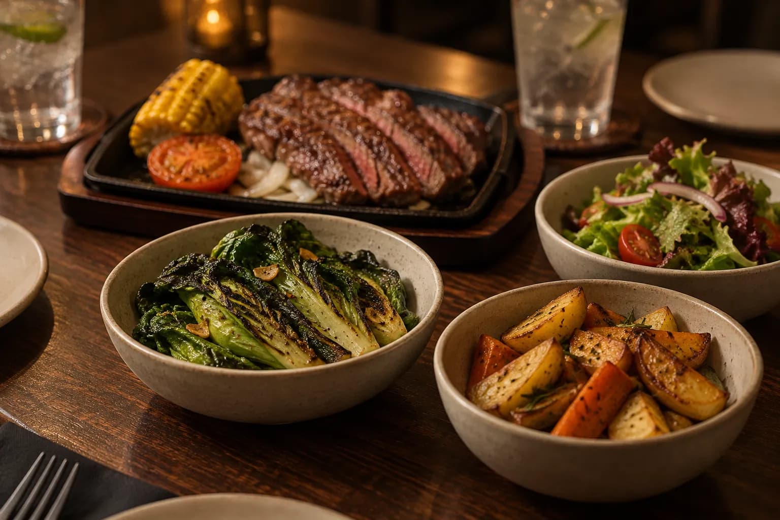 Three vegetable side dishes in plain ceramic bowls in sharp foreground focus with a sliced steak platter behind them on a dark timber table