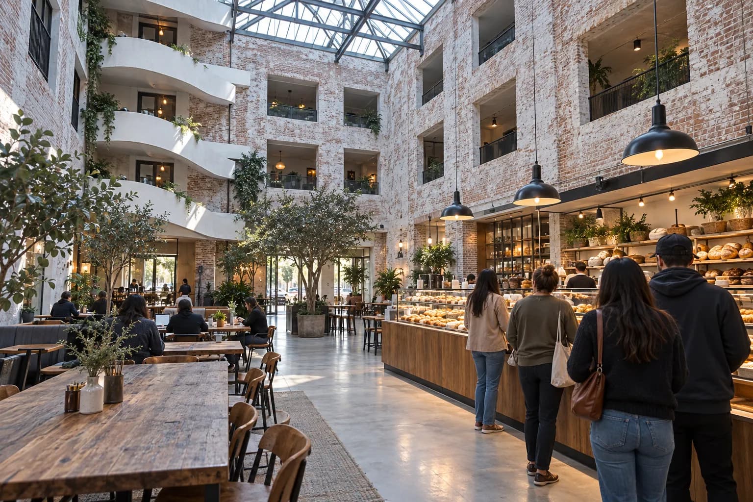 A bakery counter inside a tall skylit brick courtyard in early morning, overhead daylight falling on communal tables with a short queue at the pastry case