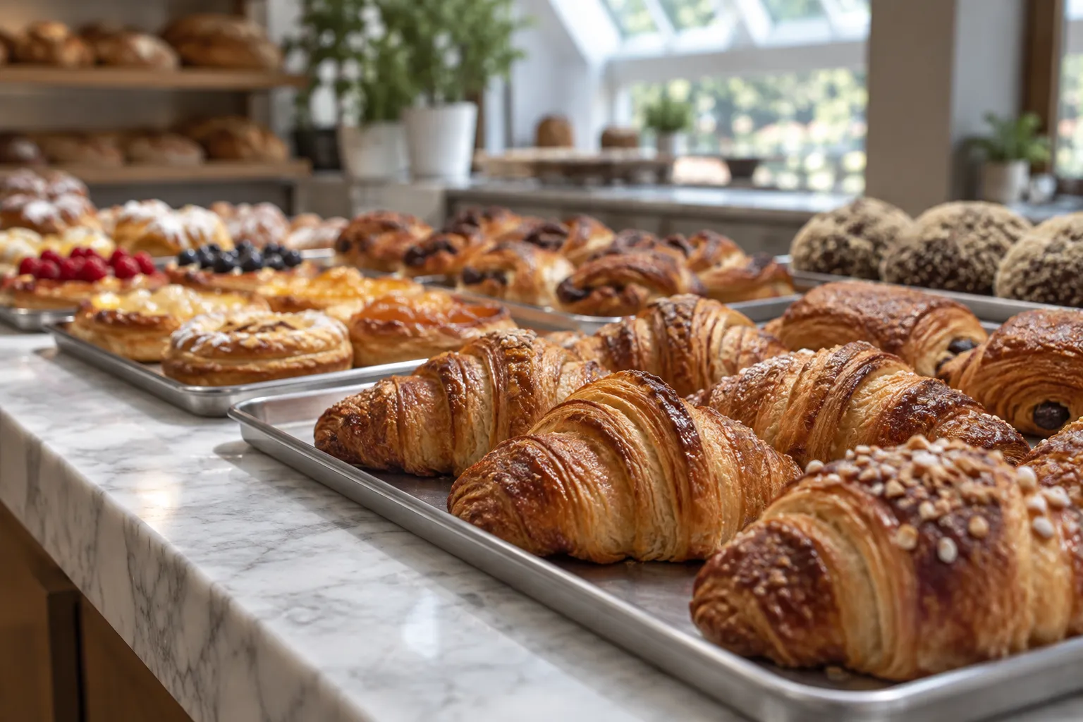 A low view along a marble bakery counter with rows of laminated pastries and fruit tarts on steel trays receding into soft focus under skylight daylight