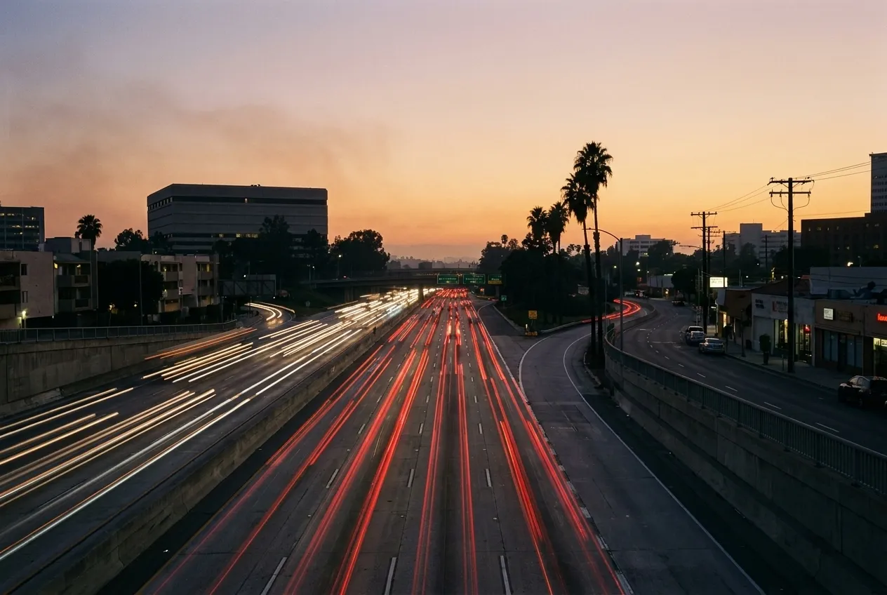 Los Angeles freeway lanes curving past low buildings at dusk