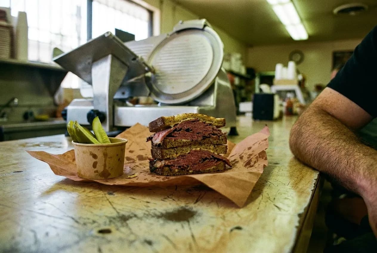 A hand-cut sandwich on paper at a long-running Los Angeles deli counter