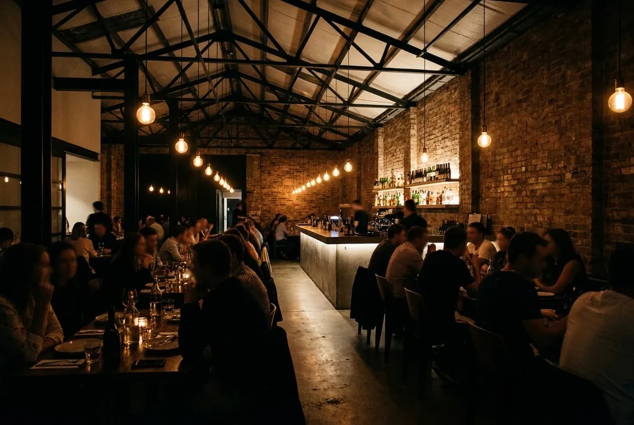 A dark high-ceilinged industrial restaurant dining room with exposed brick and hanging lights