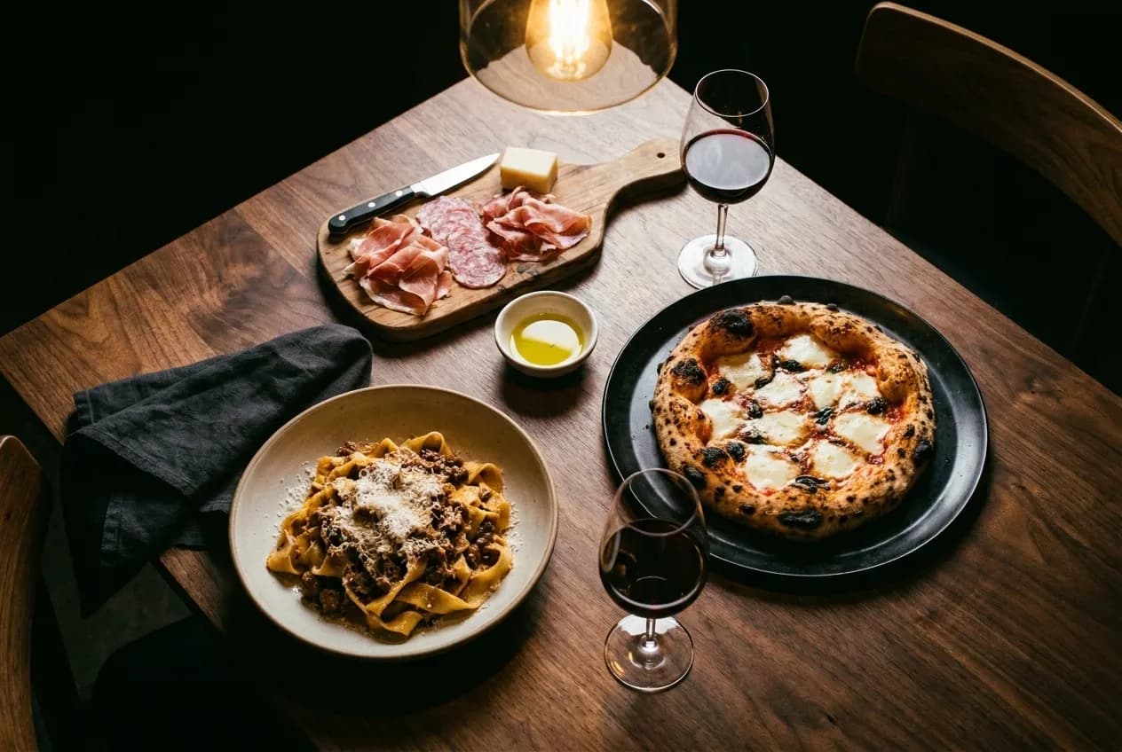 A wood-fired pizza and two pasta dishes on a dark wooden table in a dim industrial restaurant