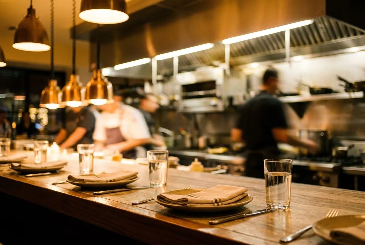 Restaurant counter seating facing open kitchen in Los Angeles