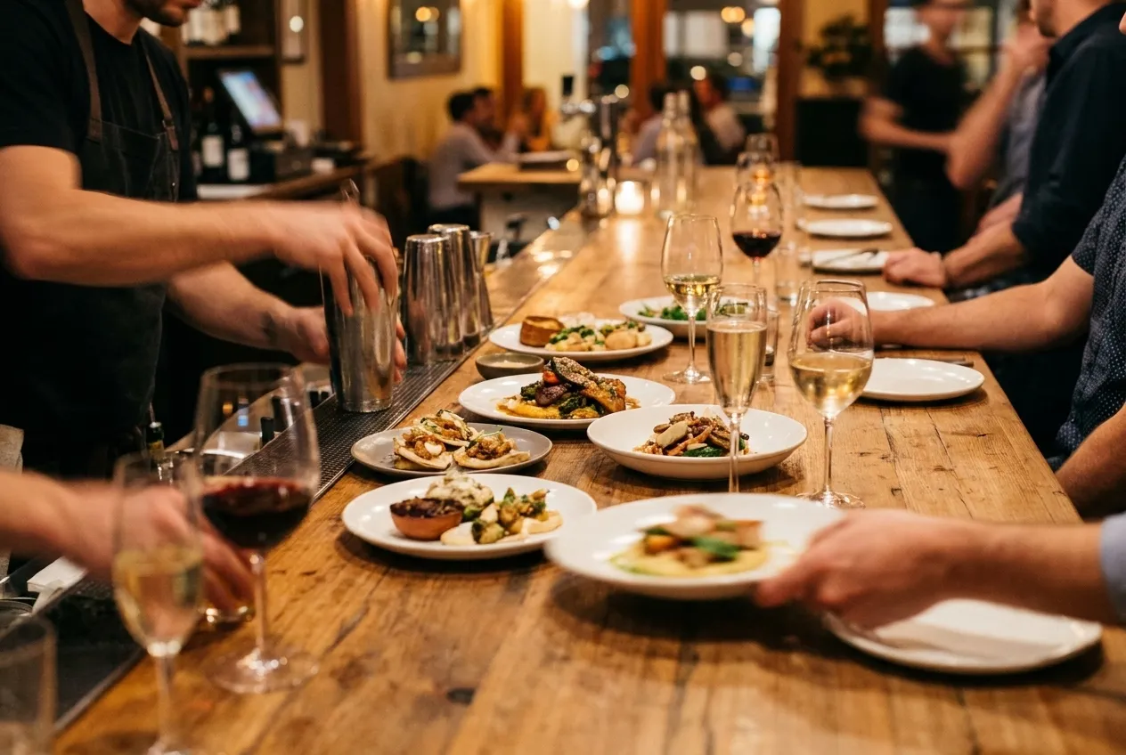 Overhead view of Los Angeles restaurant counter during dinner service