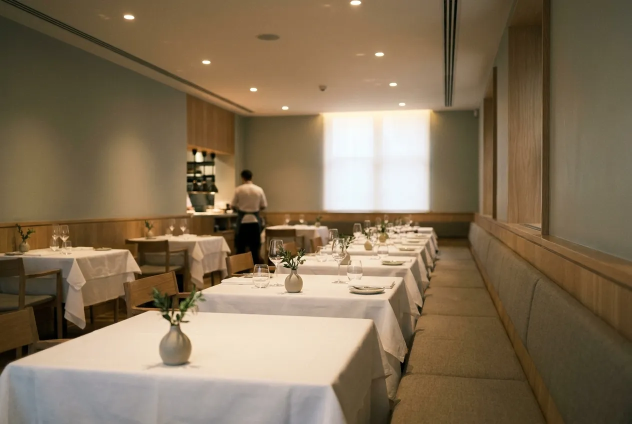 A quiet, softly lit fine dining room with widely spaced tables and white linen