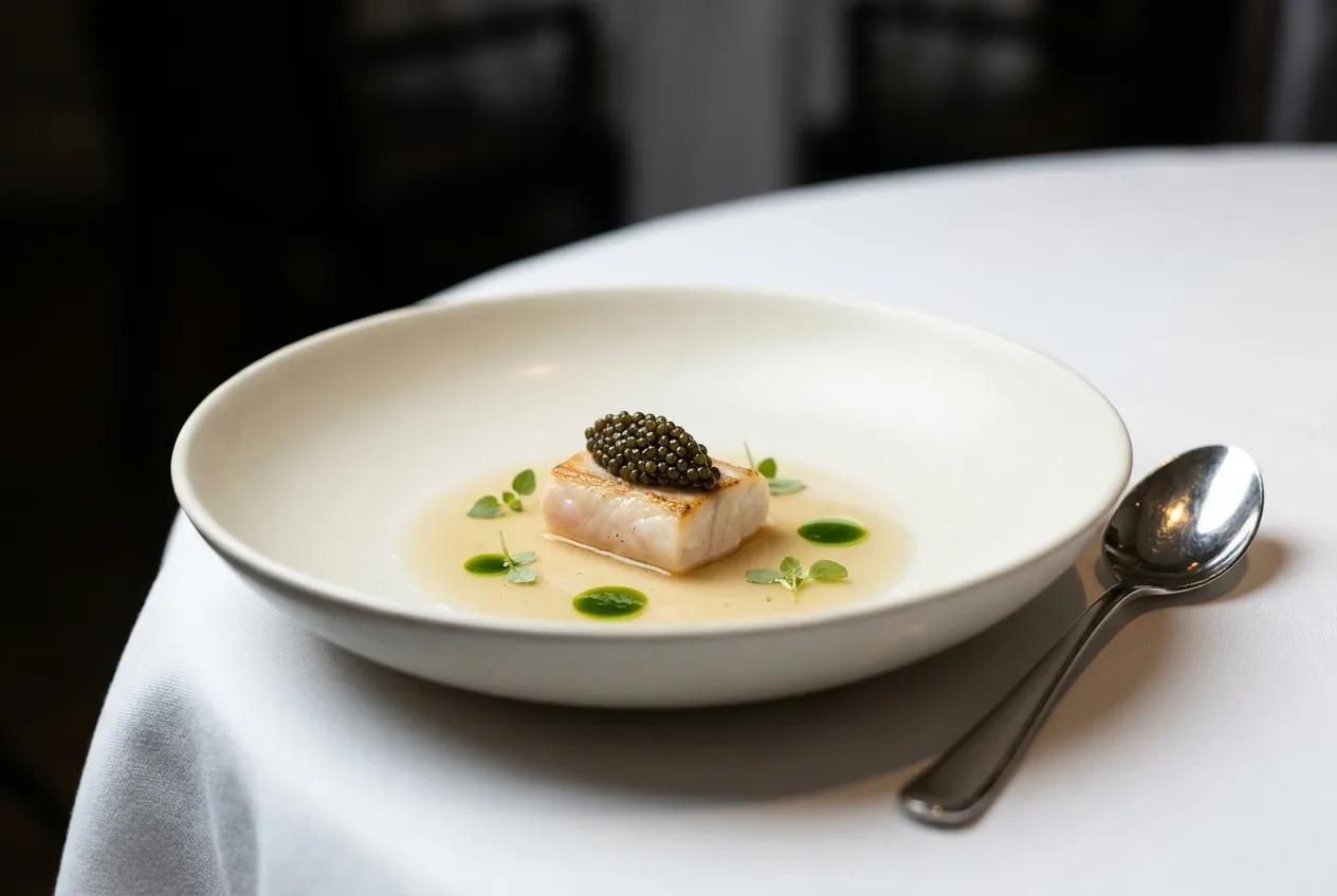 A single delicate seafood course on a pale ceramic plate in a softly lit fine dining room