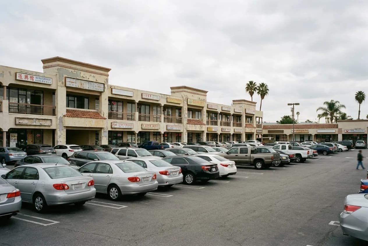 Strip mall plaza with multilingual storefront signs in afternoon light in Los Angeles