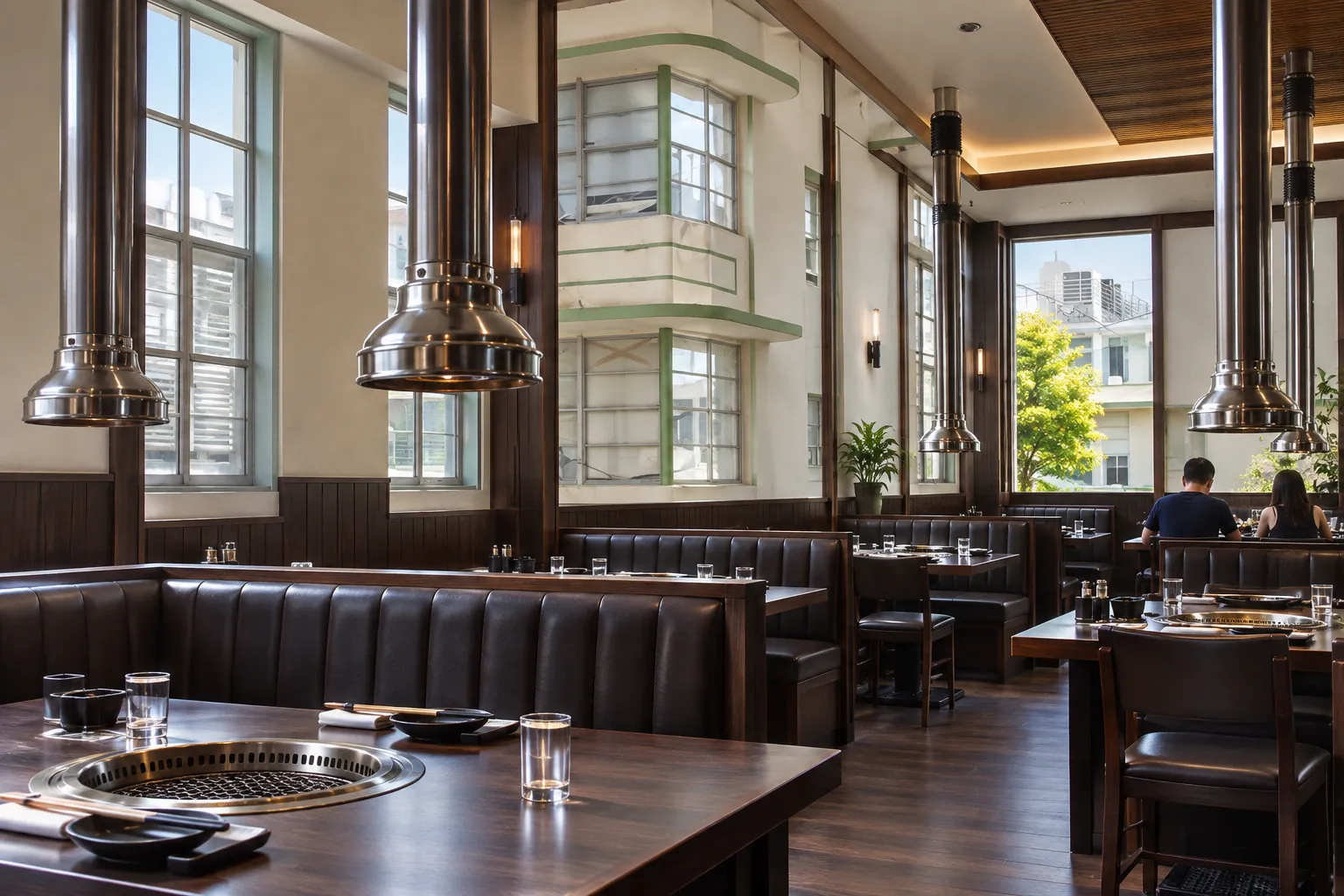 An upscale grill restaurant dining room at midday, daylight through tall glass onto dark booths with recessed table grills and polished extraction hoods