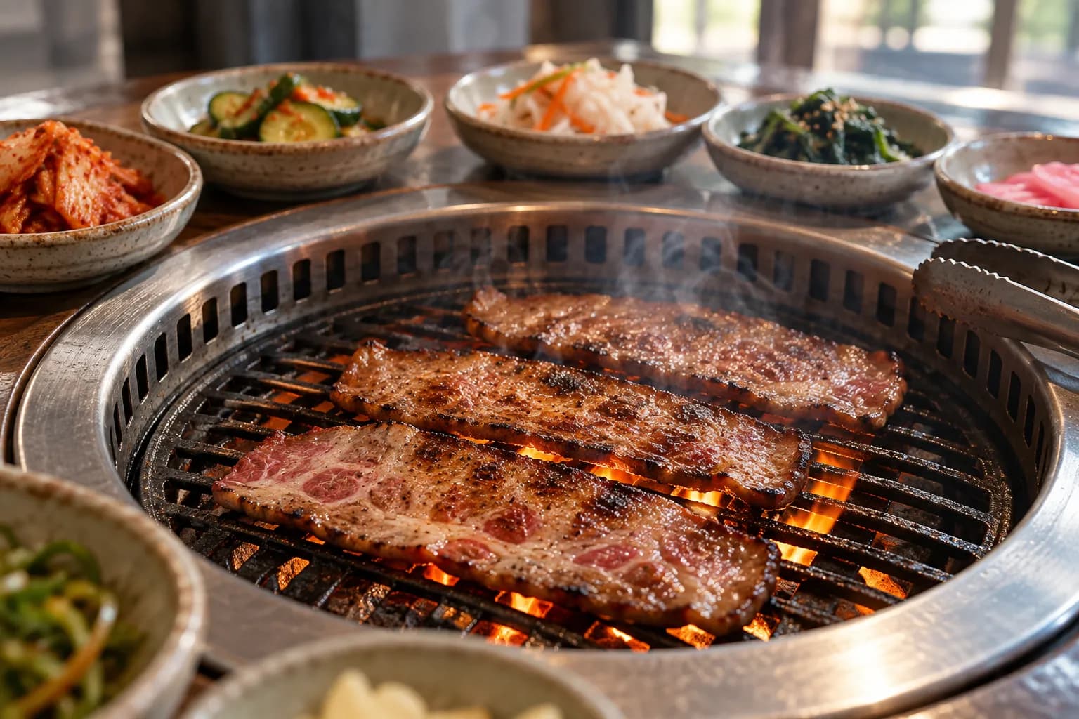 Thin cuts of marbled beef searing on a round tabletop grill with faint smoke, ringed by small ceramic dishes of pickled and fermented vegetables