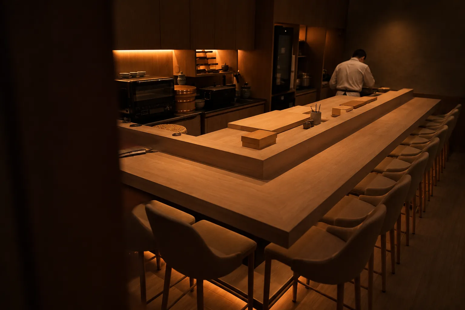 A very small ten-seat restaurant counter before service, pale timber with evenly spaced stools under one warm light strip and a chef at the far end